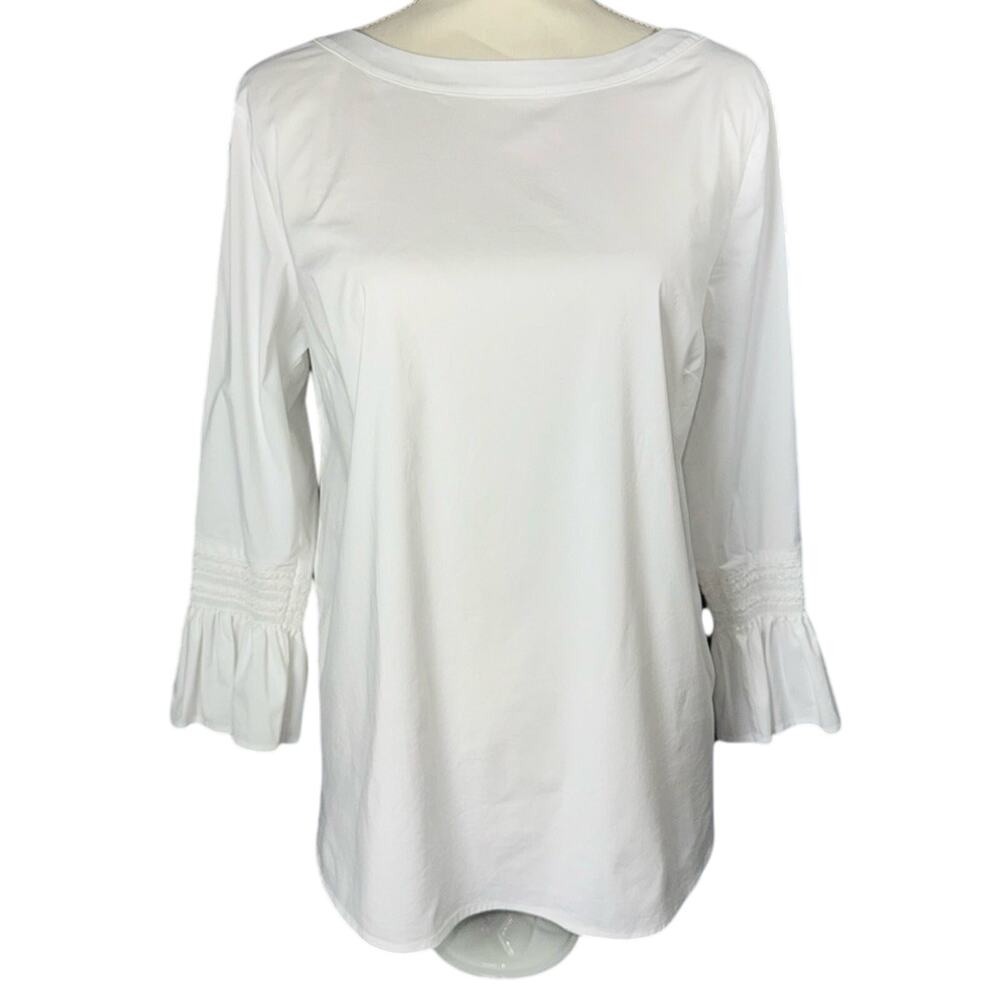 J Jill White Shirt Collection MED Top Ruffle 3/4 Sleeve Cotton Stretch Blouse
